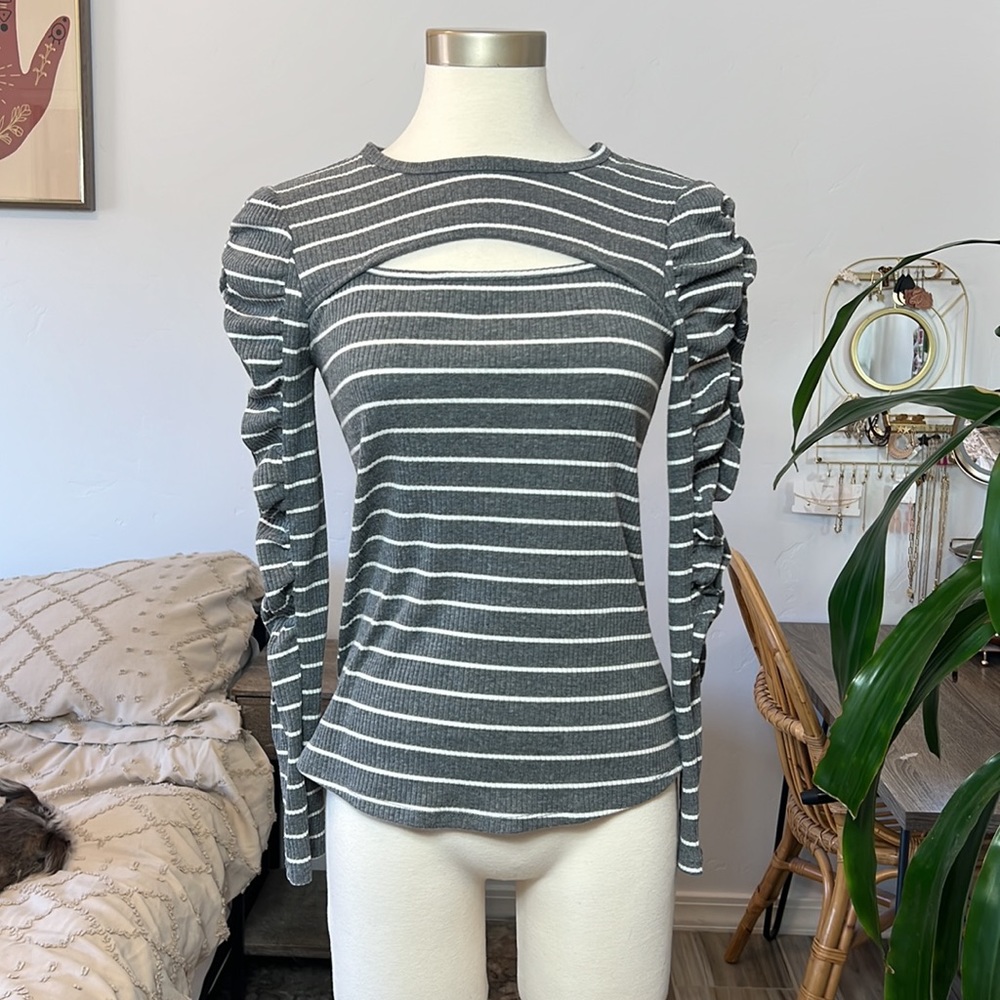 Gray striped ribbed, long sleeve, cut out sleeve detail MAURICES